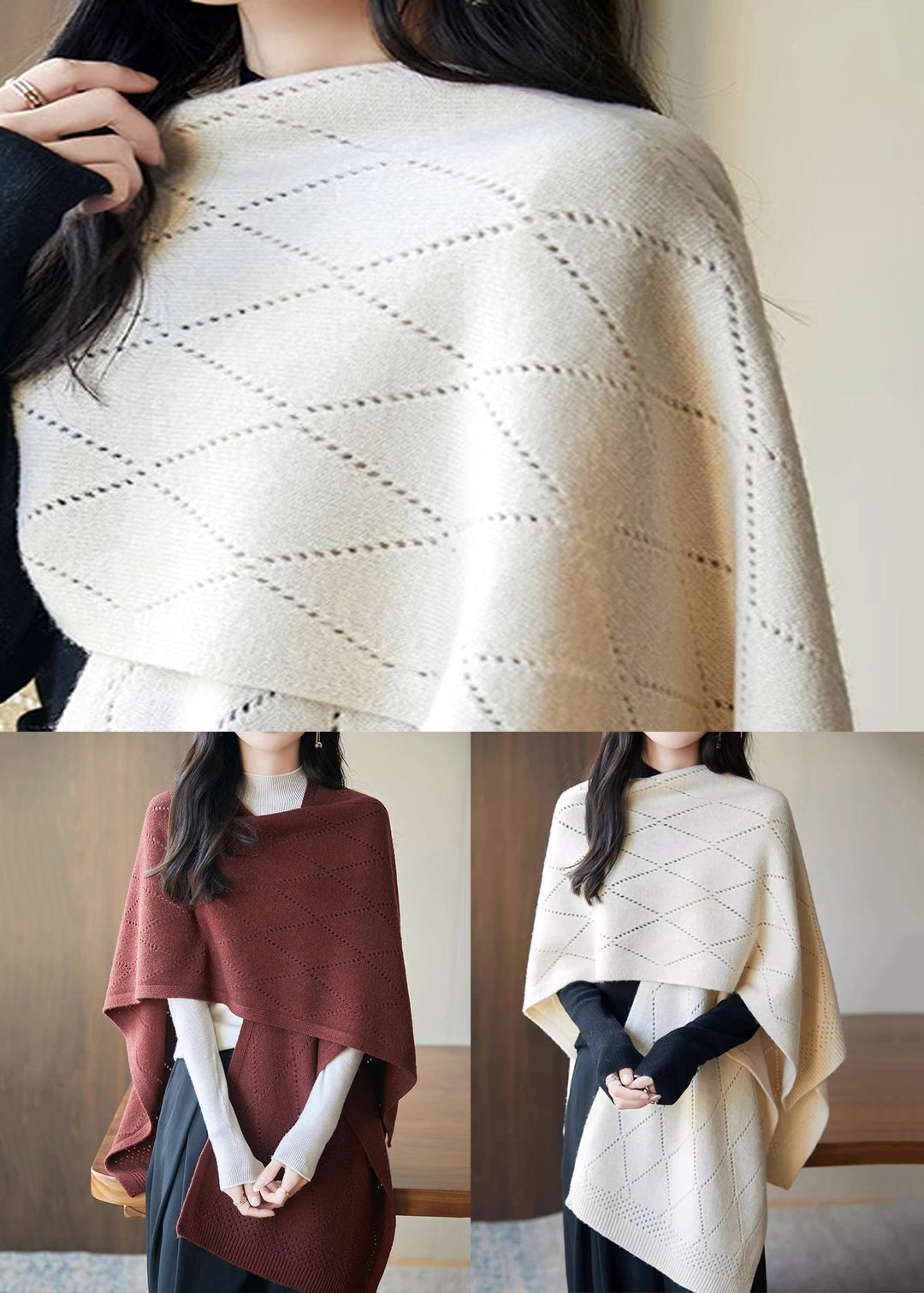 Beige Plaid Cozy Knit Shawl Sweaters Hollow Out