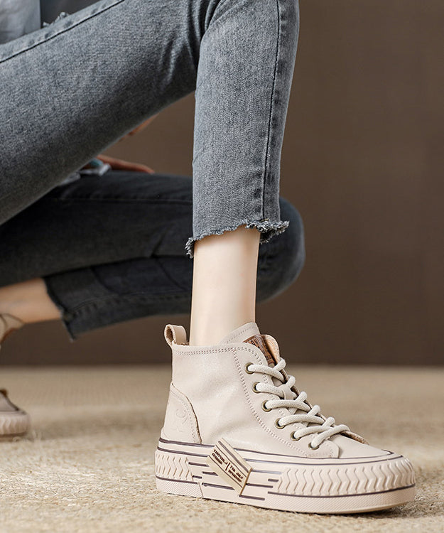 Beige Platform Soled Cowhide Casual Lace Up High Top Board Shoes