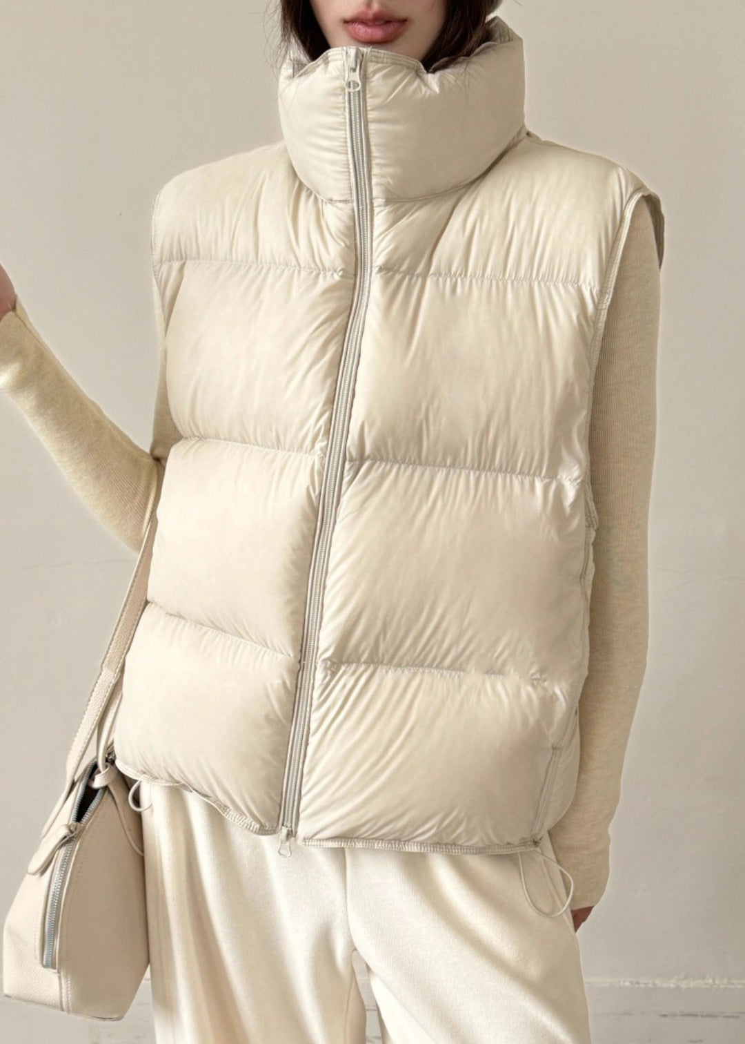 Beige Pockets Duck Down Waistcoat Stand Colla Sleeveless