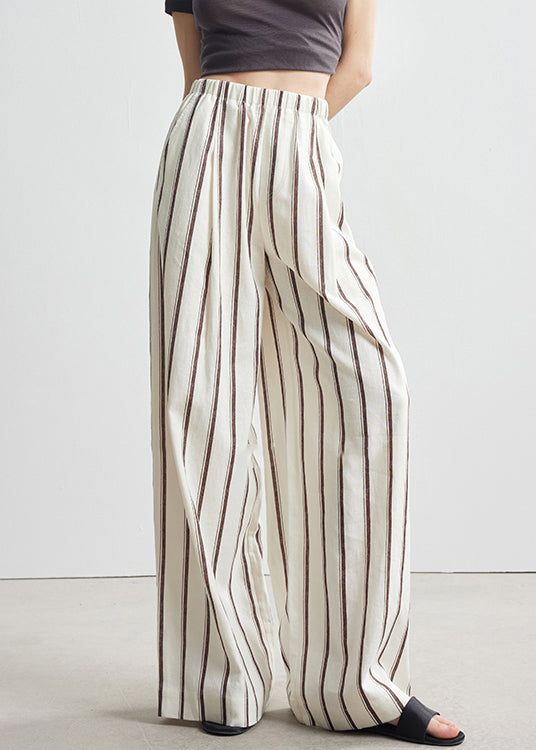 Beige Pockets Elastic Waist Linen Wide Leg Pants Striped