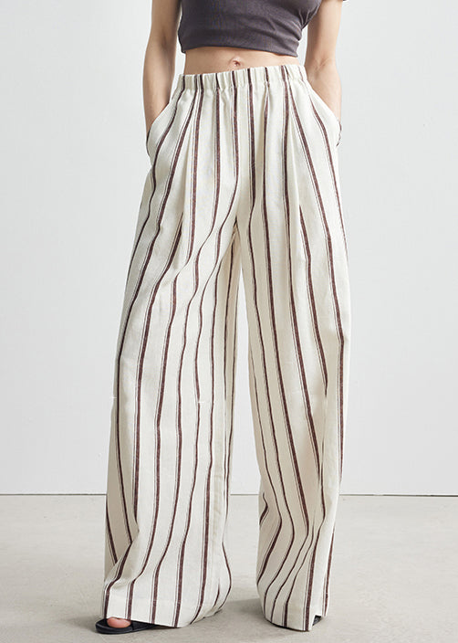 Beige Pockets Elastic Waist Linen Wide Leg Pants Striped