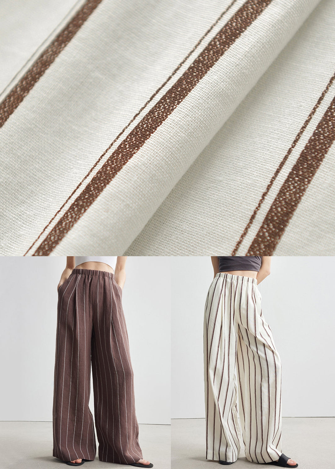 Beige Pockets Elastic Waist Linen Wide Leg Pants Striped