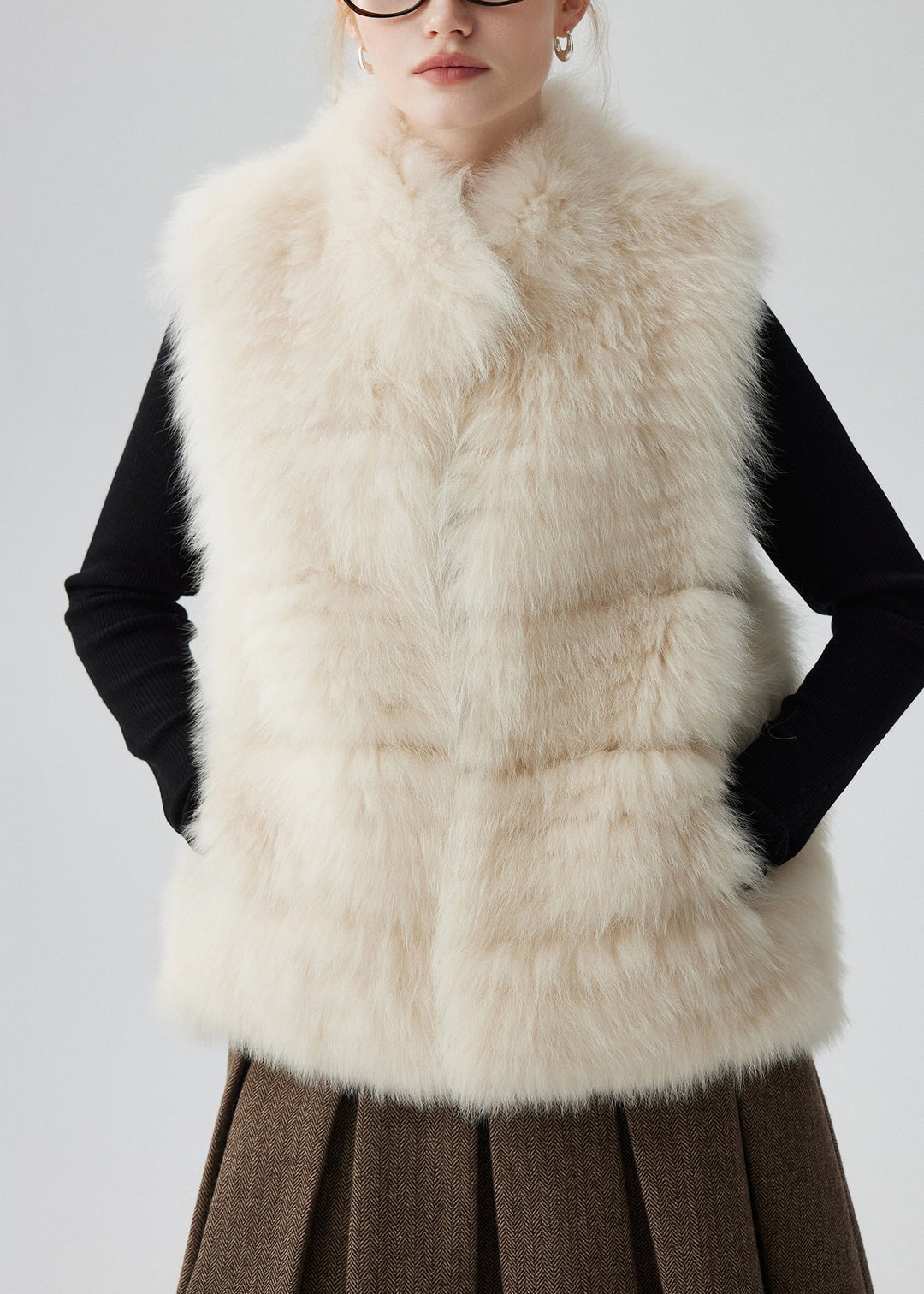 Beige Pockets Solid Leather And Fur Waistcoat Winter
