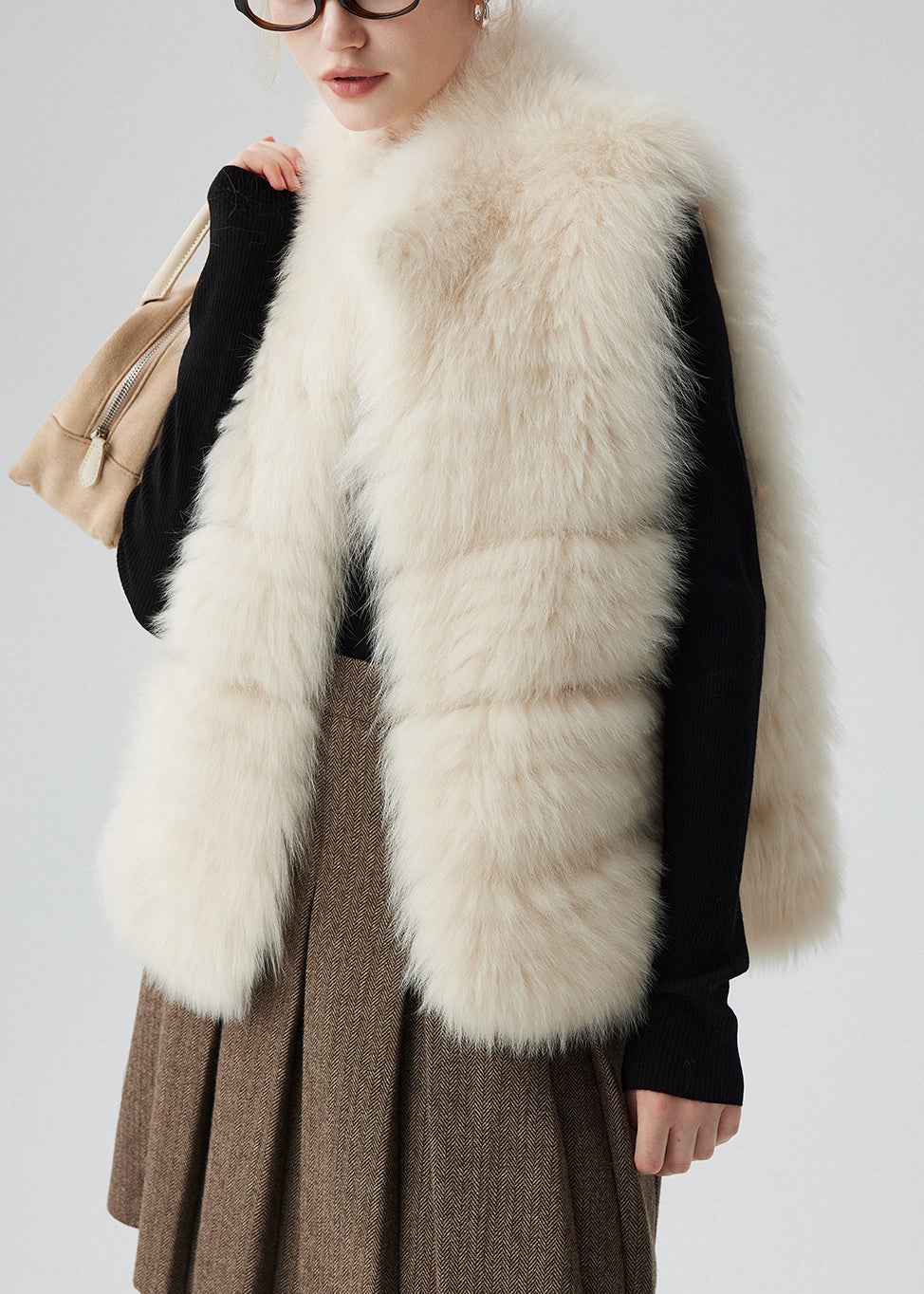 Beige Pockets Solid Leather And Fur Waistcoat Winter
