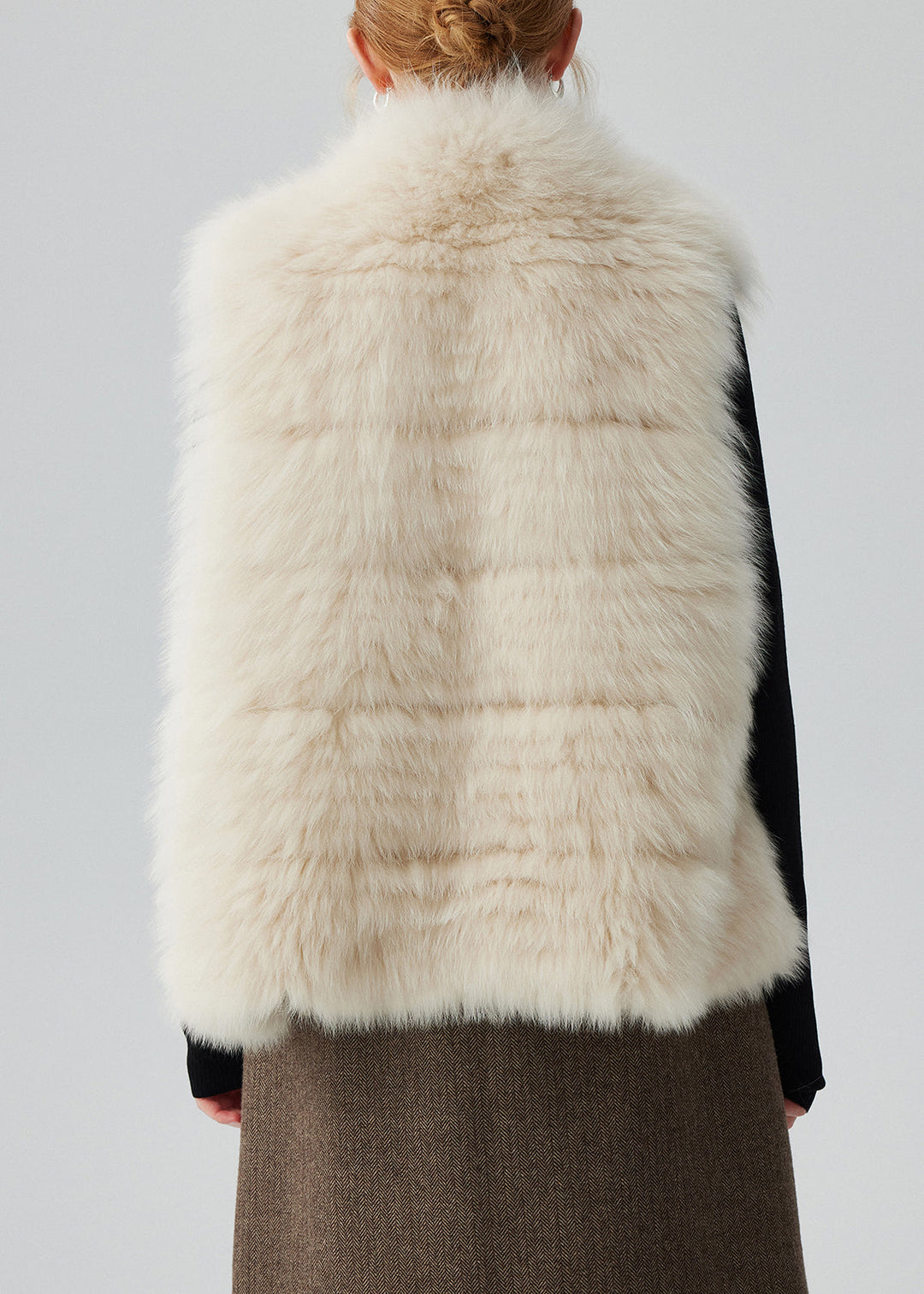 Beige Pockets Solid Leather And Fur Waistcoat Winter