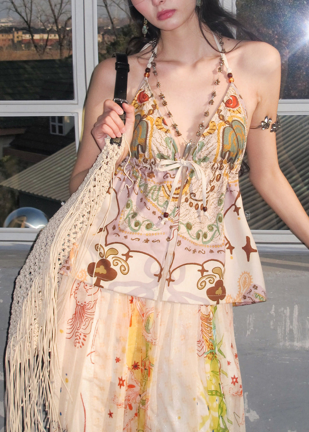 Beige Print Cotton Beach Vest Deep-V Neck Summer