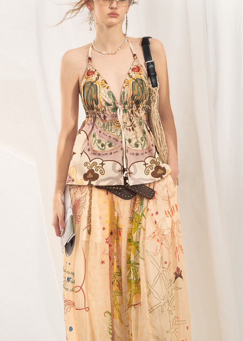 Beige Print Cotton Beach Vest Deep-V Neck Summer