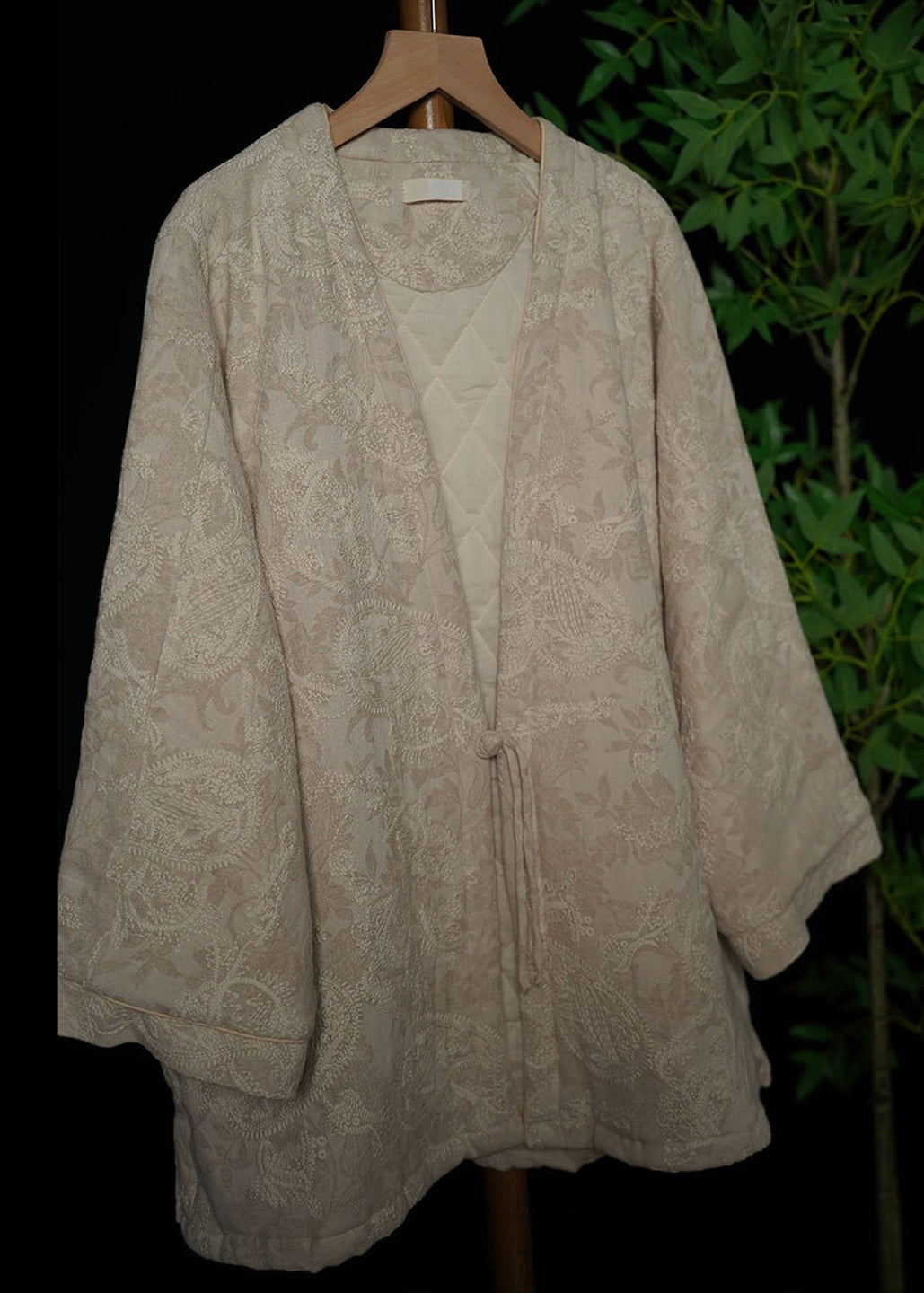 Beige Print Fine Cotton Filled Jacket In Winter V Neck Thick Warm