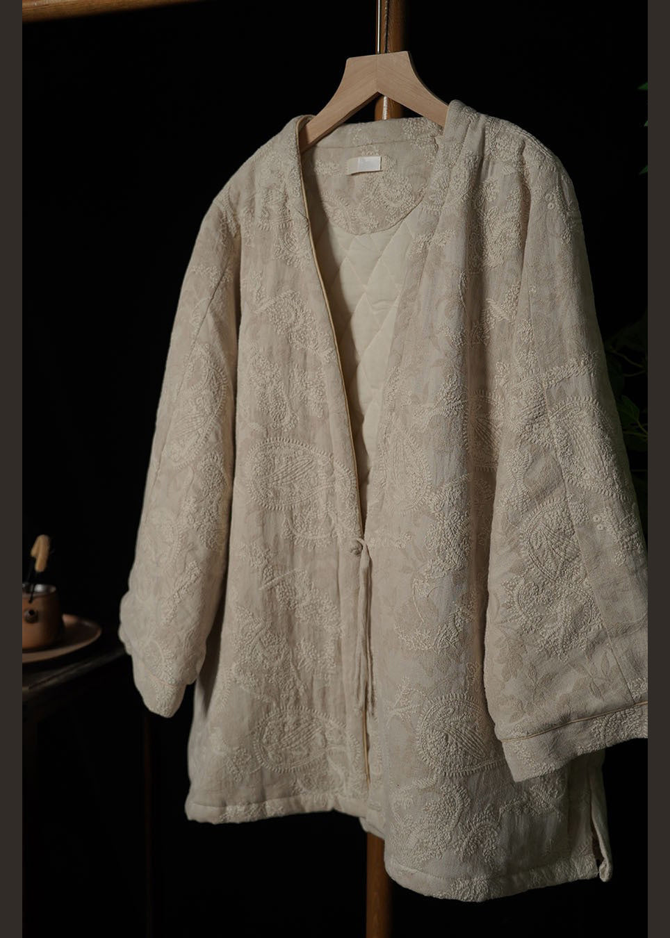 Beige Print Fine Cotton Filled Jacket In Winter V Neck Thick Warm