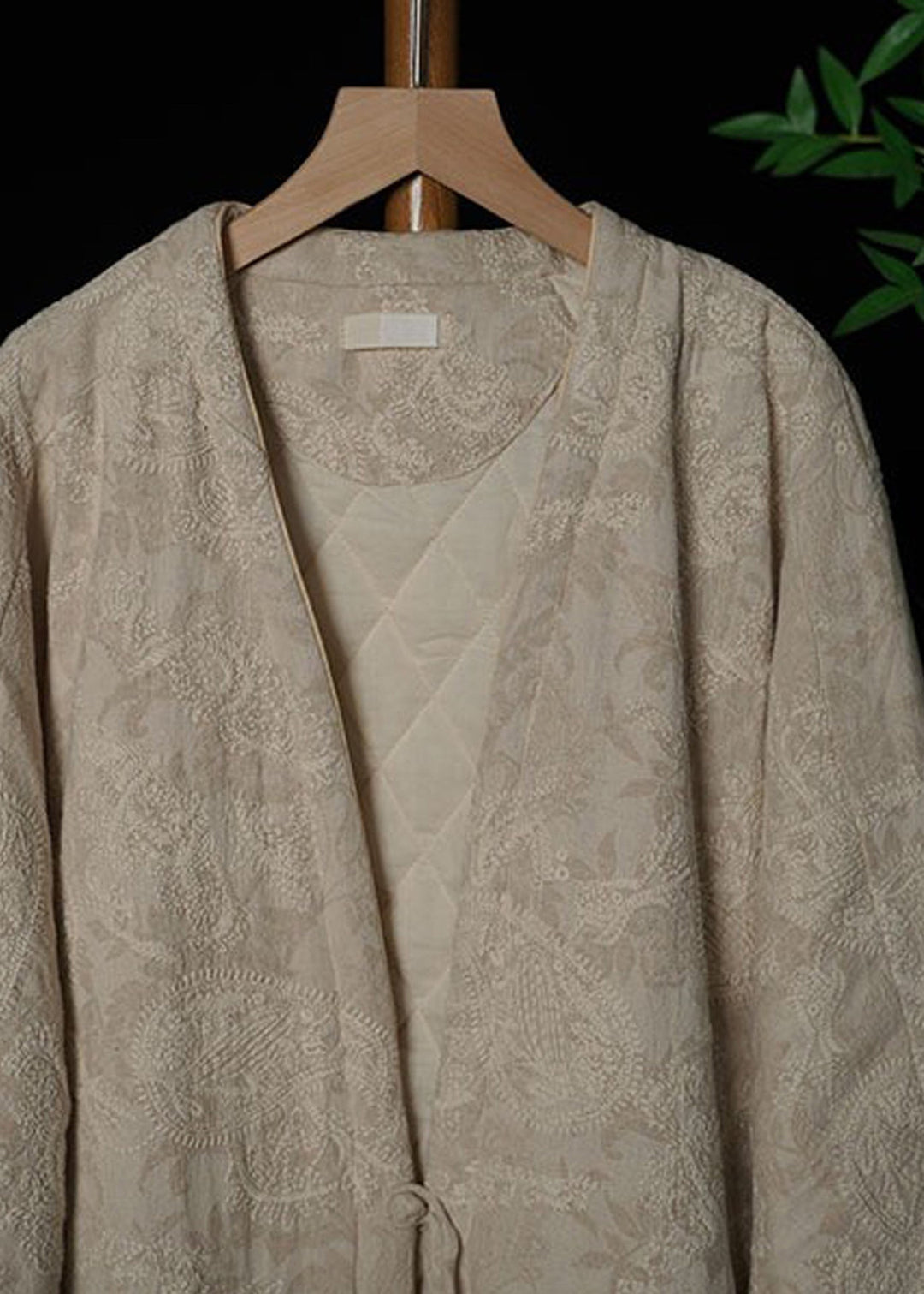Beige Print Fine Cotton Filled Jacket In Winter V Neck Thick Warm