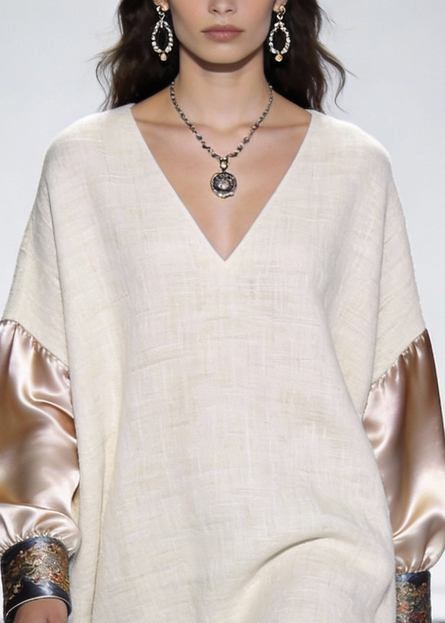 Beige Print Silk Patchwork Linen Mini Dress V Neck Spring - Omychic