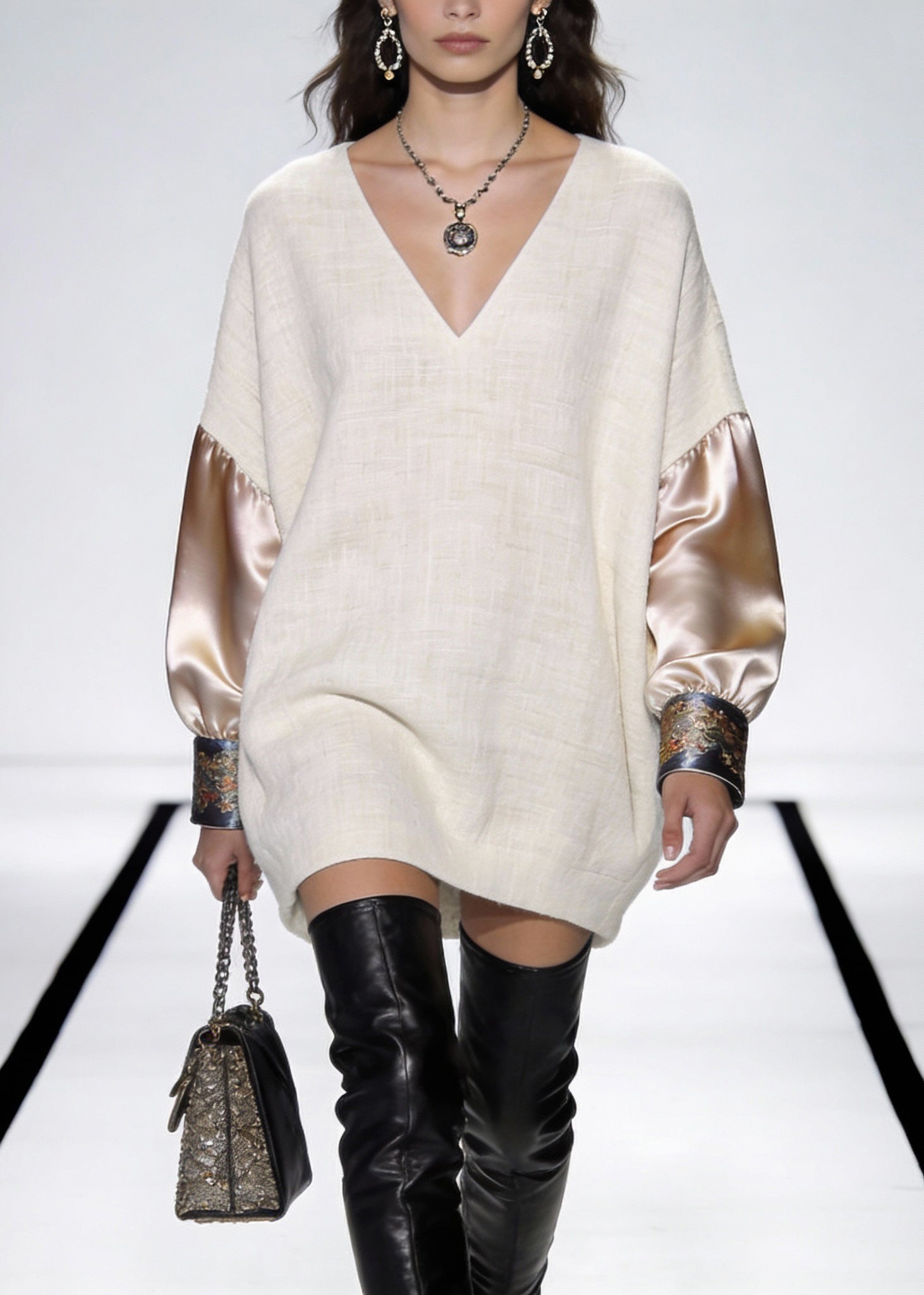 Beige Print Silk Patchwork Linen Mini Dress V Neck Spring - Omychic