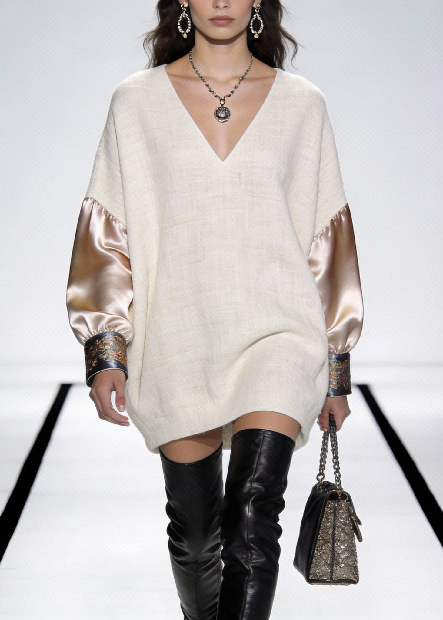 Beige Print Silk Patchwork Linen Mini Dress V Neck Spring - Omychic