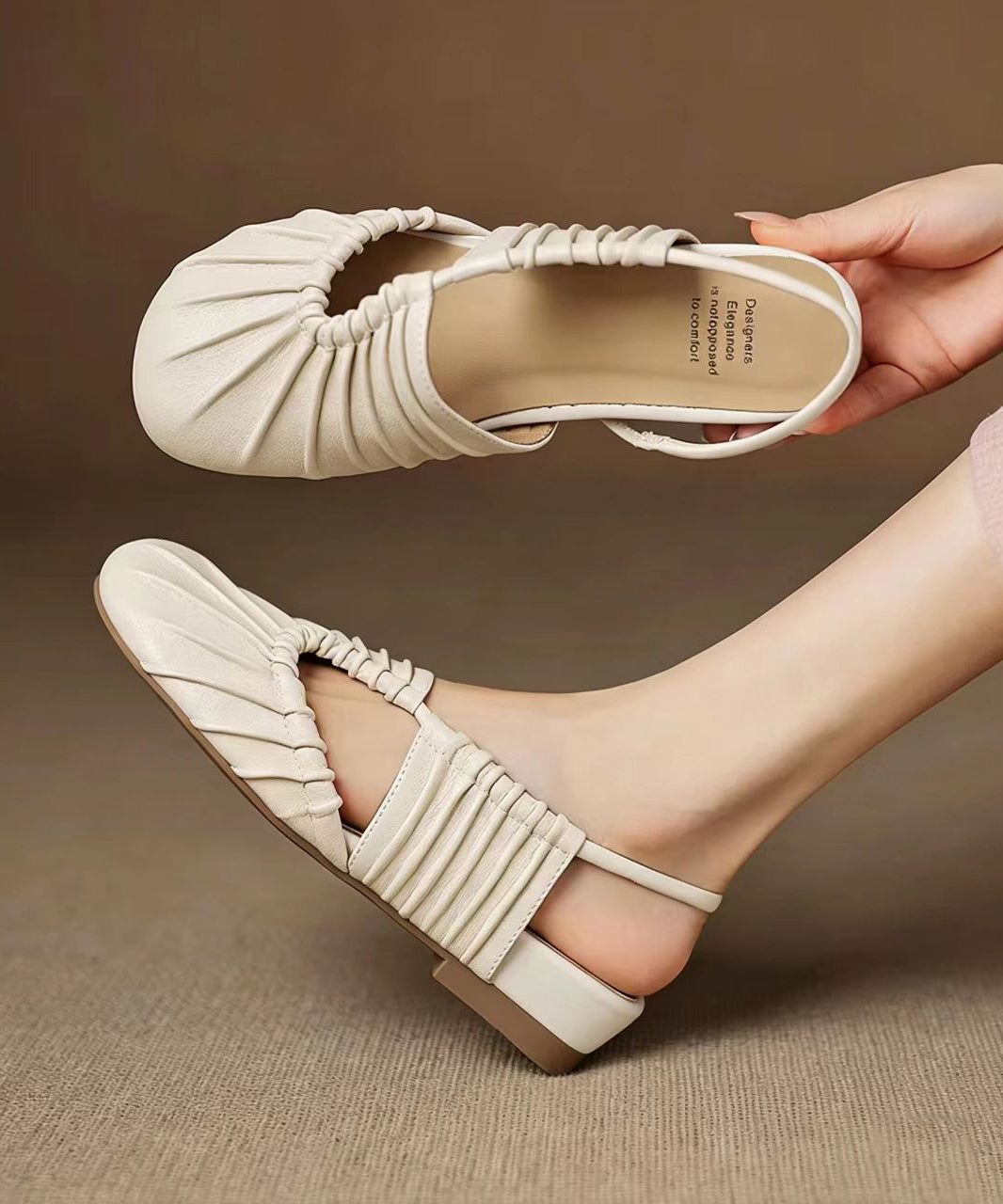 Beige Ruched Low Heel Faux Leather Closed Toe Sandals