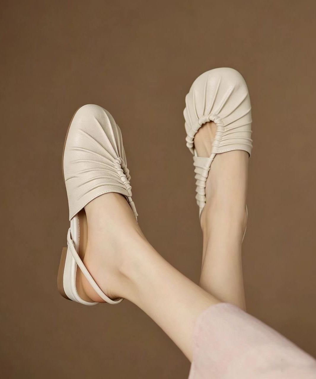 Beige Ruched Low Heel Faux Leather Closed Toe Sandals