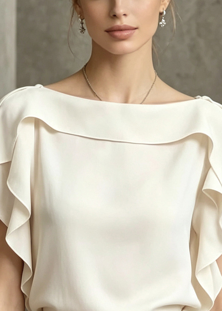 Beige Ruffled Cotton Blouses Slash Neck Summer