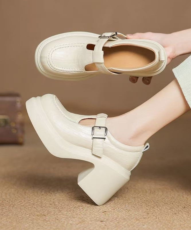 Beige Sheepskin Chunky Heel Loafers Women Splicing Buckle Strap