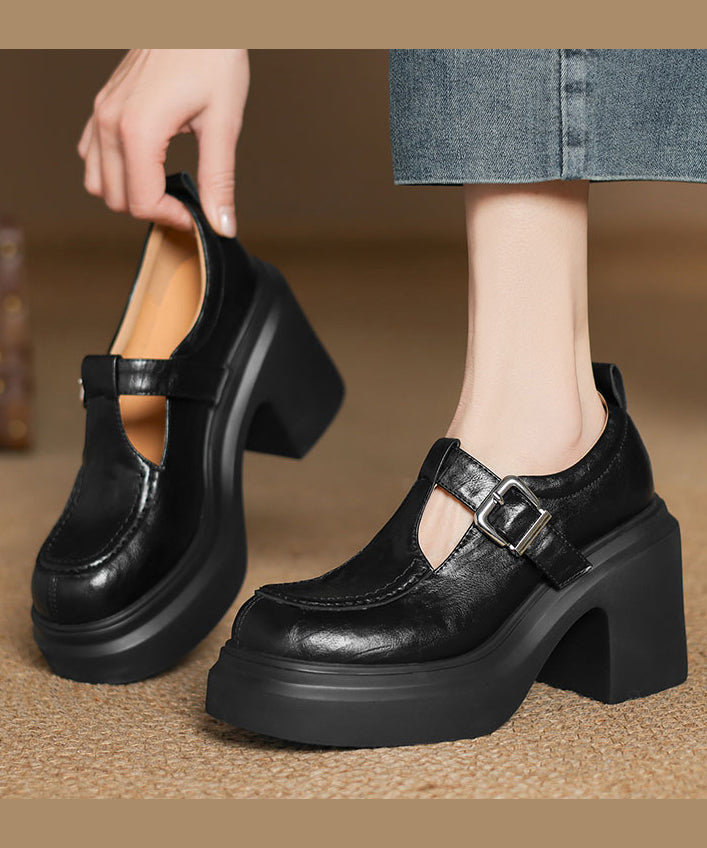Beige Sheepskin Chunky Heel Loafers Women Splicing Buckle Strap