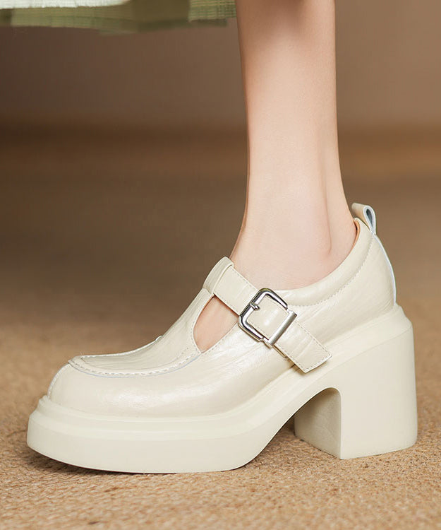 Beige Sheepskin Chunky Heel Loafers Women Splicing Buckle Strap