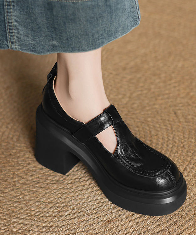 Beige Sheepskin Chunky Heel Loafers Women Splicing Buckle Strap