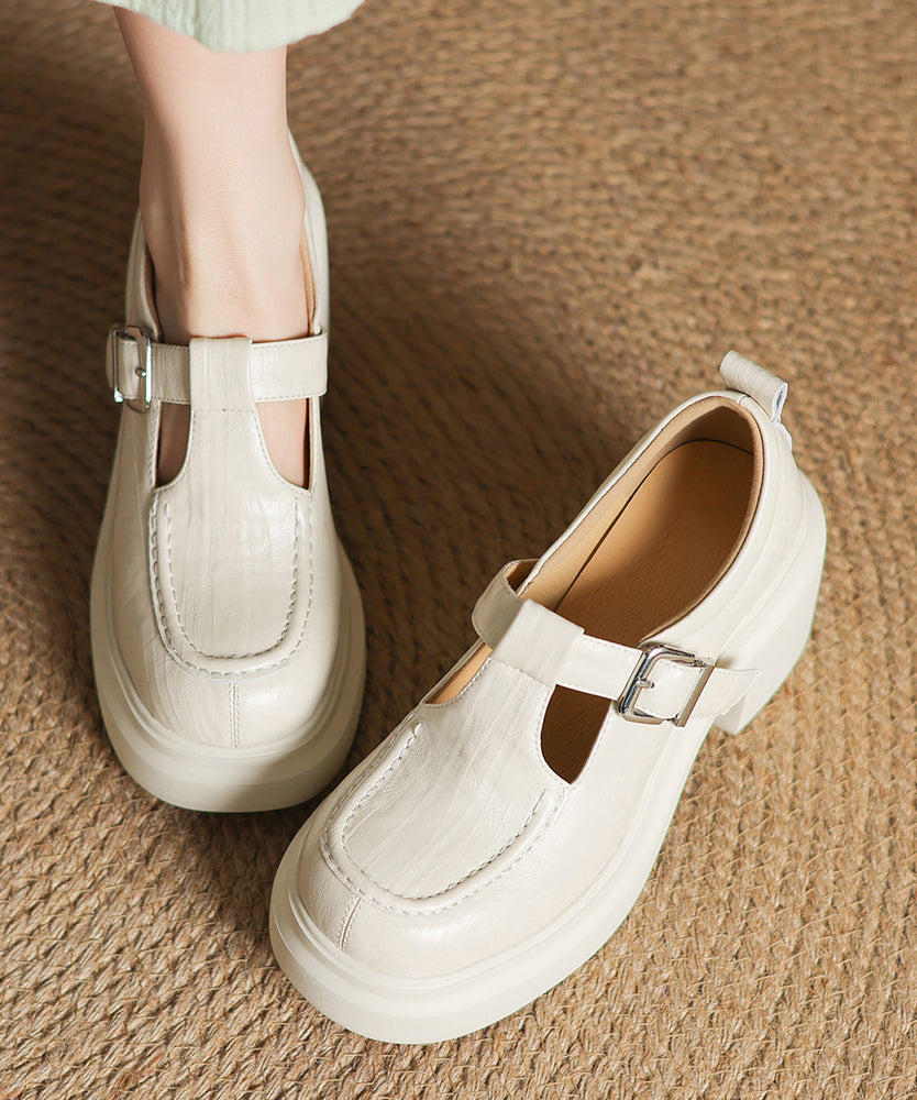 Beige Sheepskin Chunky Heel Loafers Women Splicing Buckle Strap