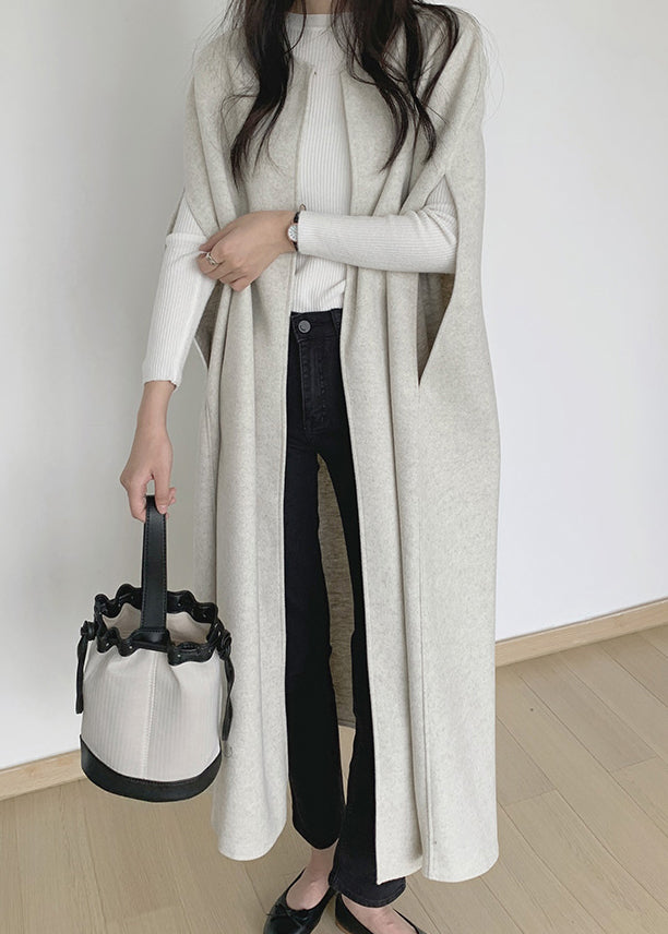 Beige Solid Woolen Long Waistcoat O Neck Winter