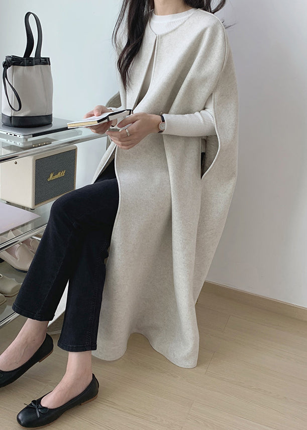 Beige Solid Woolen Long Waistcoat O Neck Winter