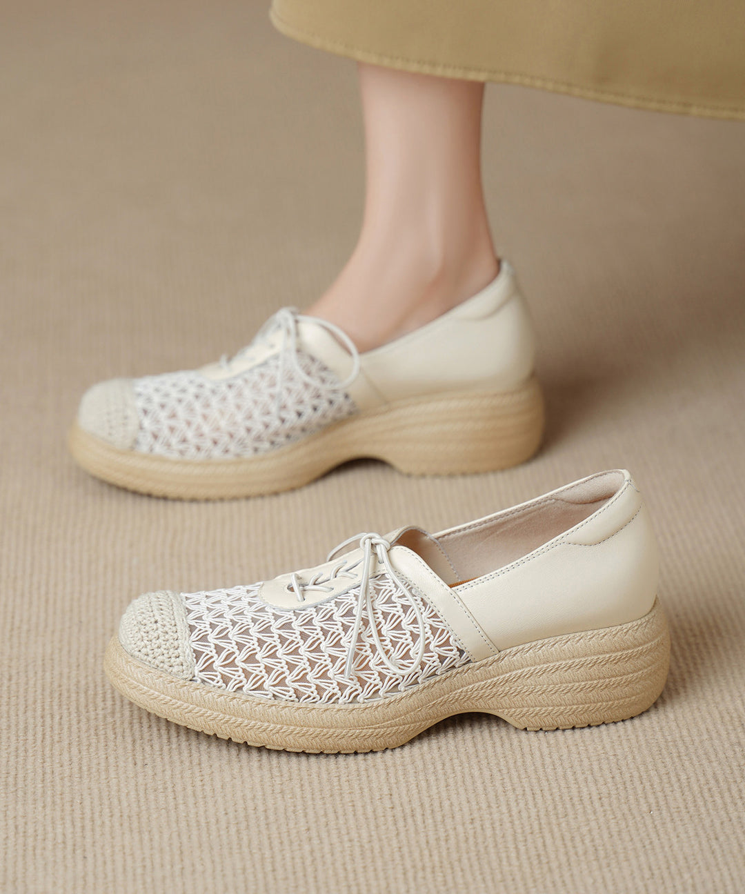 Beige Splicing Boutique Platform Loafers Hollow Out Lace Up