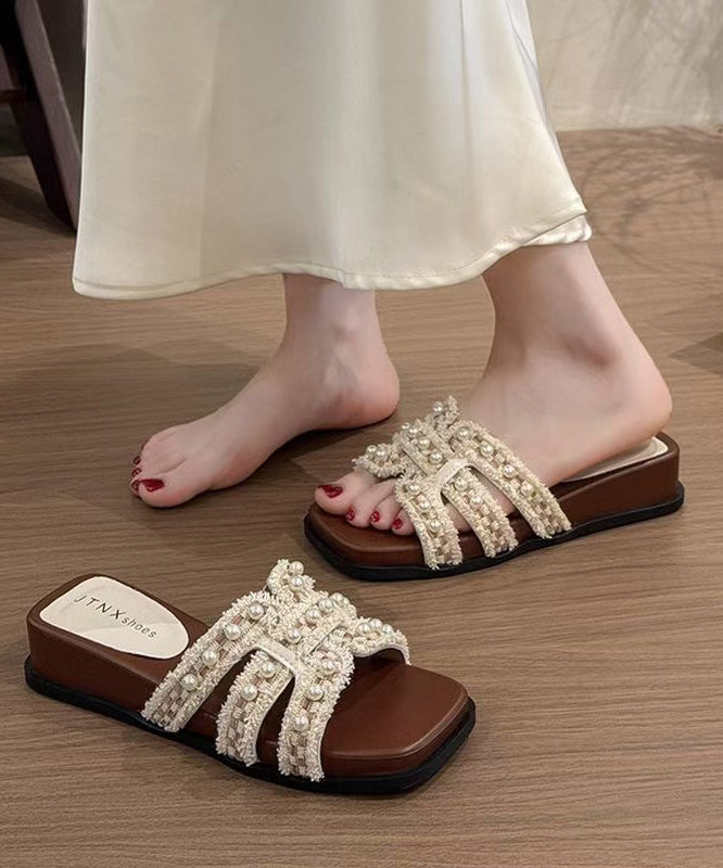Beige Splicing Wedge Slide Sandals Nail Bead Peep Toe