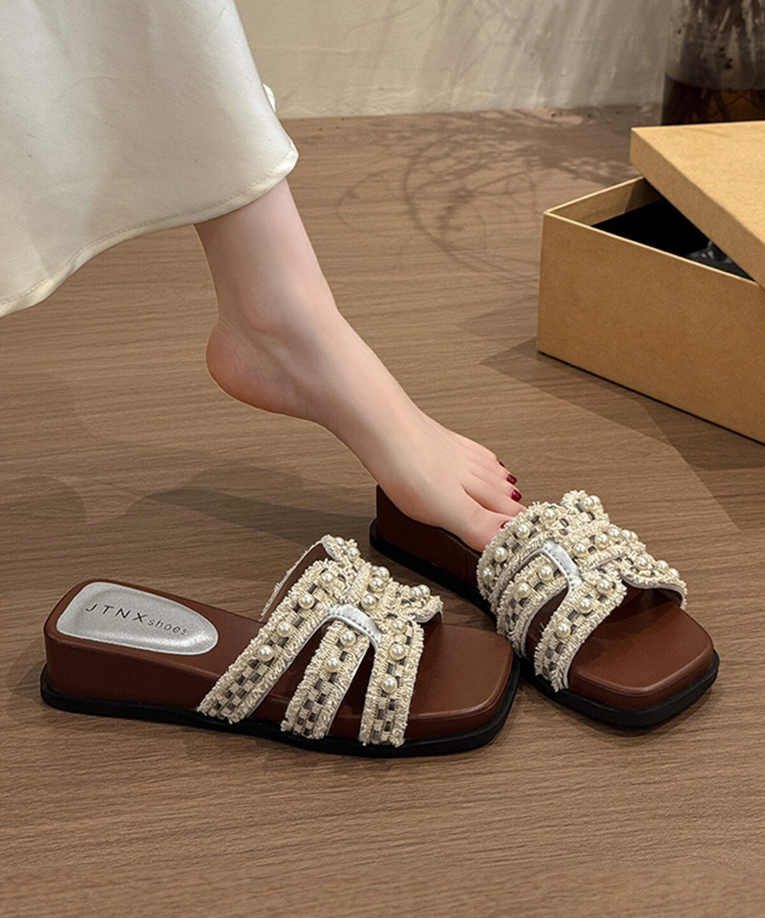 Beige Splicing Wedge Slide Sandals Nail Bead Peep Toe