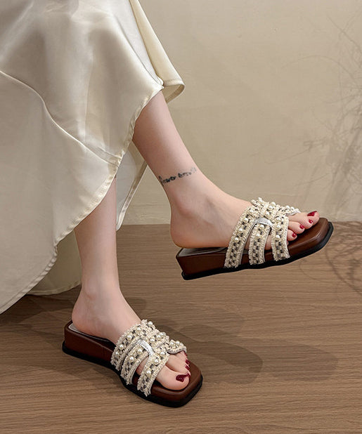 Beige Splicing Wedge Slide Sandals Nail Bead Peep Toe