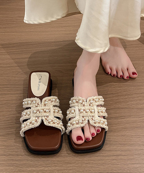 Beige Splicing Wedge Slide Sandals Nail Bead Peep Toe