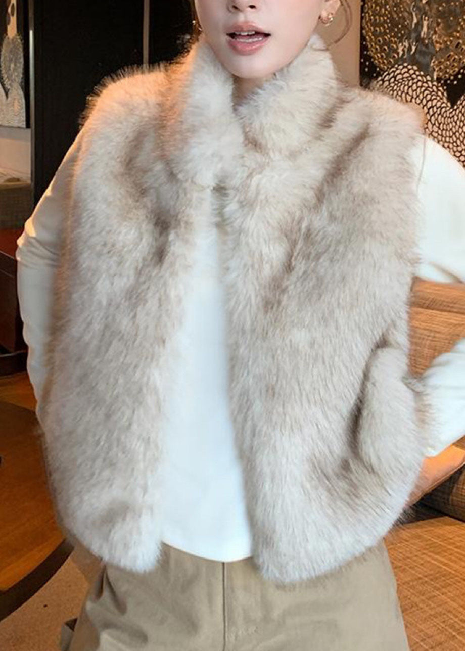 Beige Stand Collar Leather And Fur Waistcoat Winter