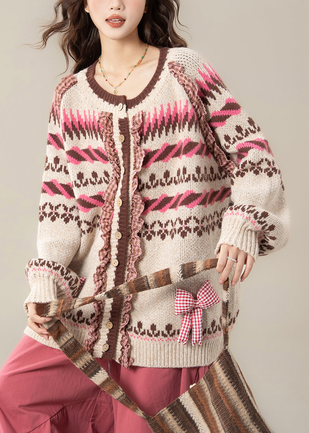 Beige Striped Button Patchwork Cozy Knit Coats Ruffled