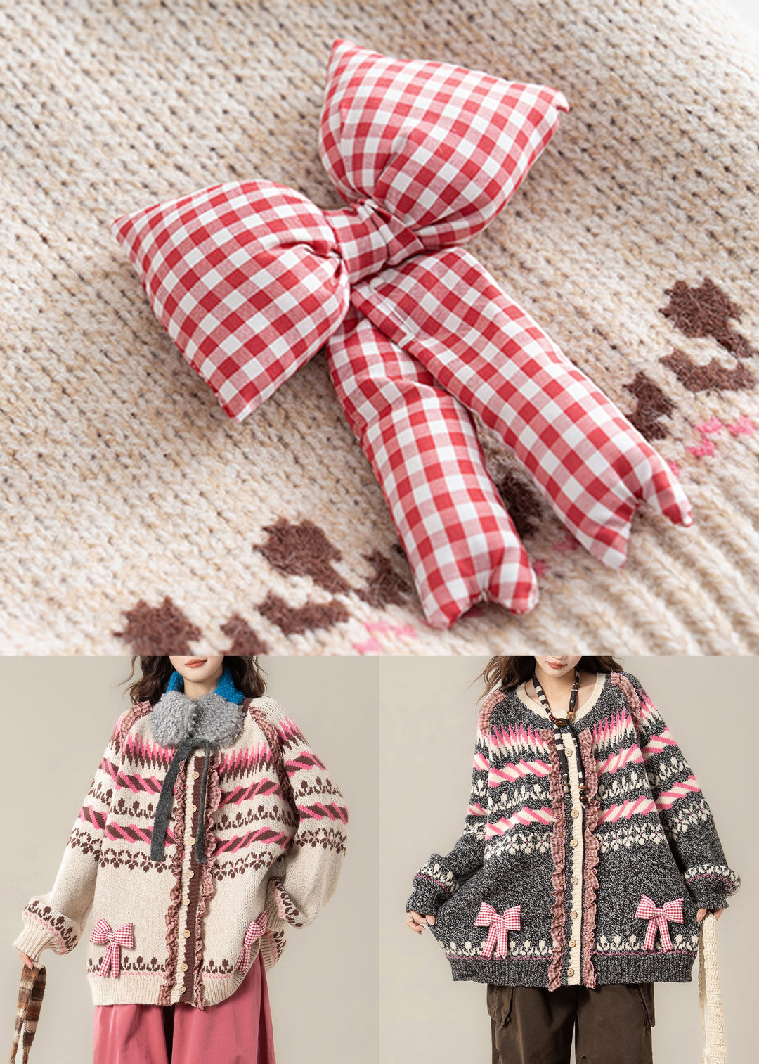Beige Striped Button Patchwork Cozy Knit Coats Ruffled