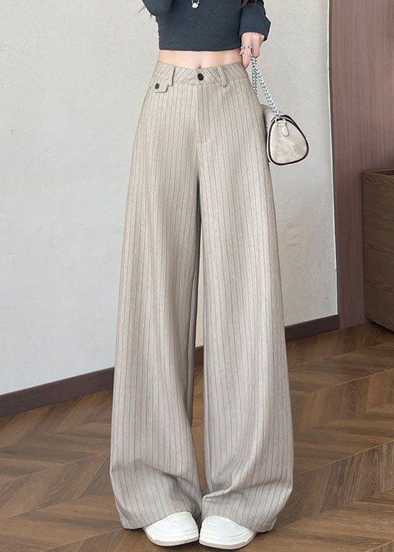 Beige Striped Draping Cotton Straight Pants Oversized Fall