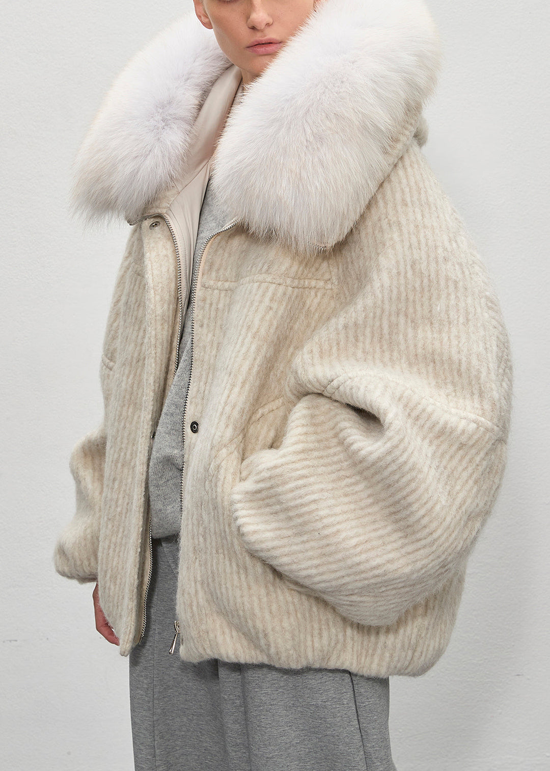 Beige Striped Pockets Oversized Duck Down Down Coat Fur Collar
