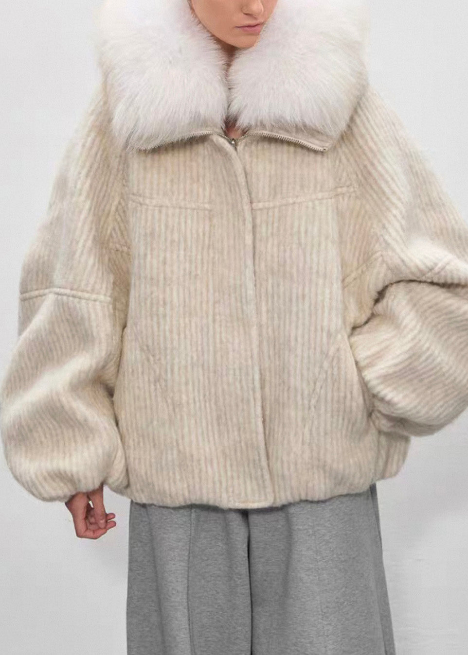 Beige Striped Pockets Oversized Duck Down Down Coat Fur Collar