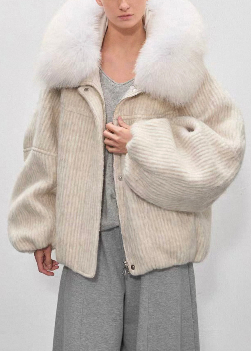 Beige Striped Pockets Oversized Duck Down Down Coat Fur Collar