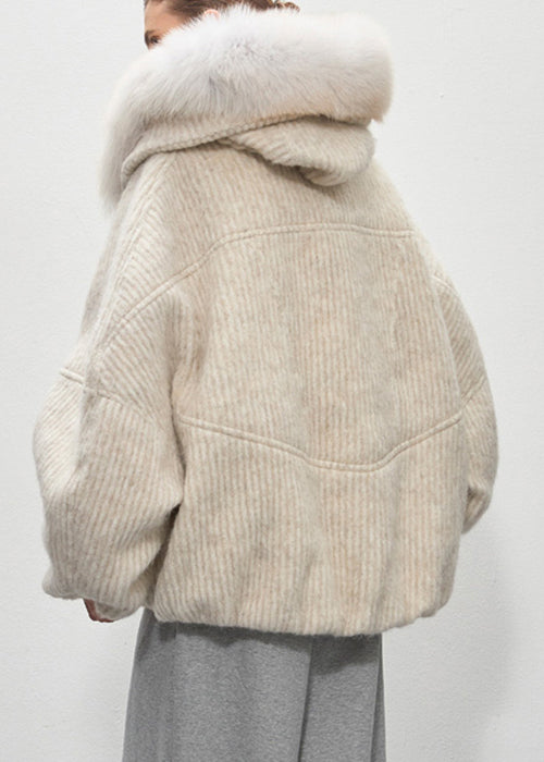 Beige Striped Pockets Oversized Duck Down Down Coat Fur Collar