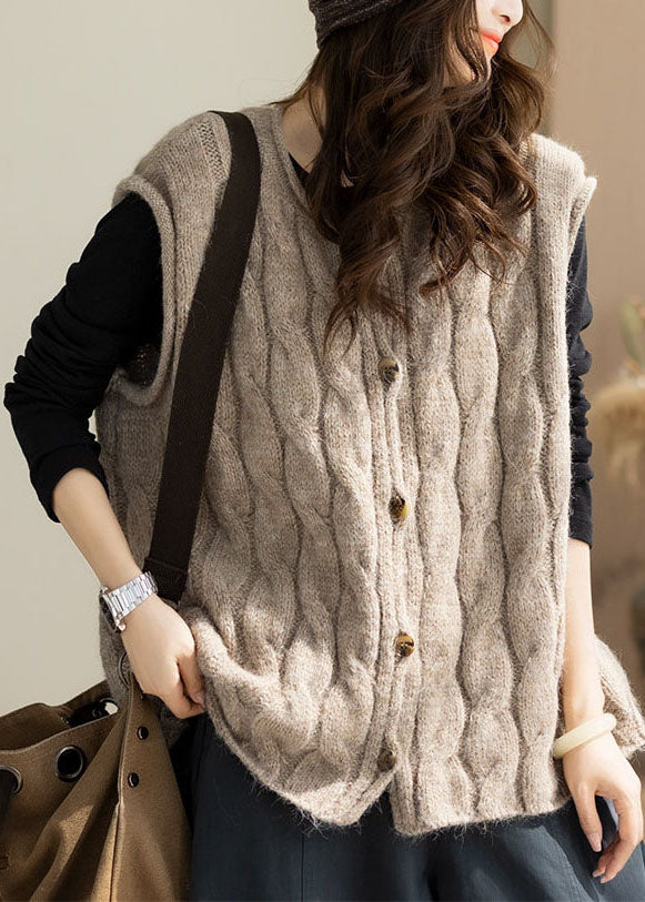 Beige Thick Cable Knit Short Vests O-Neck Winter