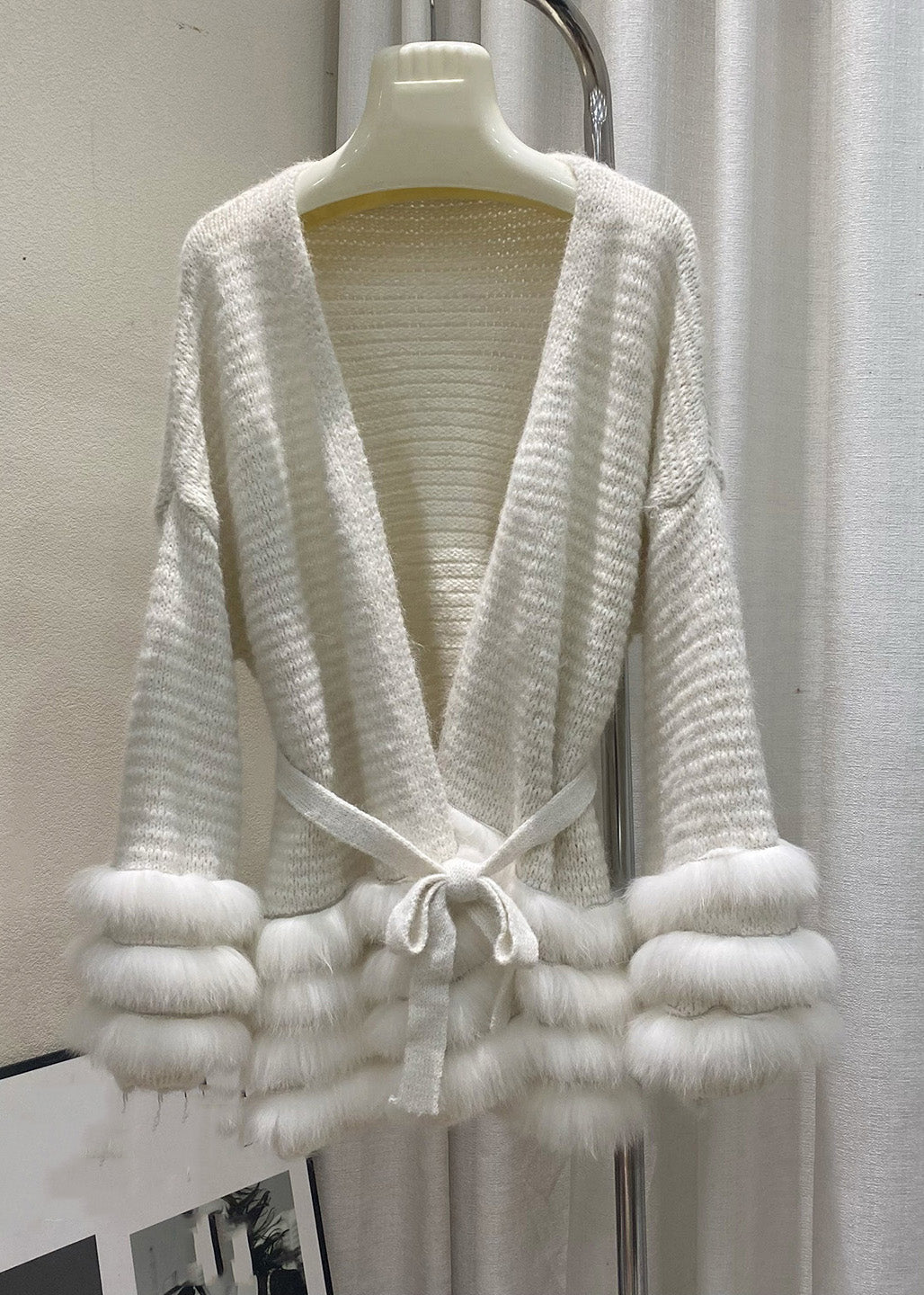 Beige Tie Waist Cotton Knit Cardigan Flare Sleeve