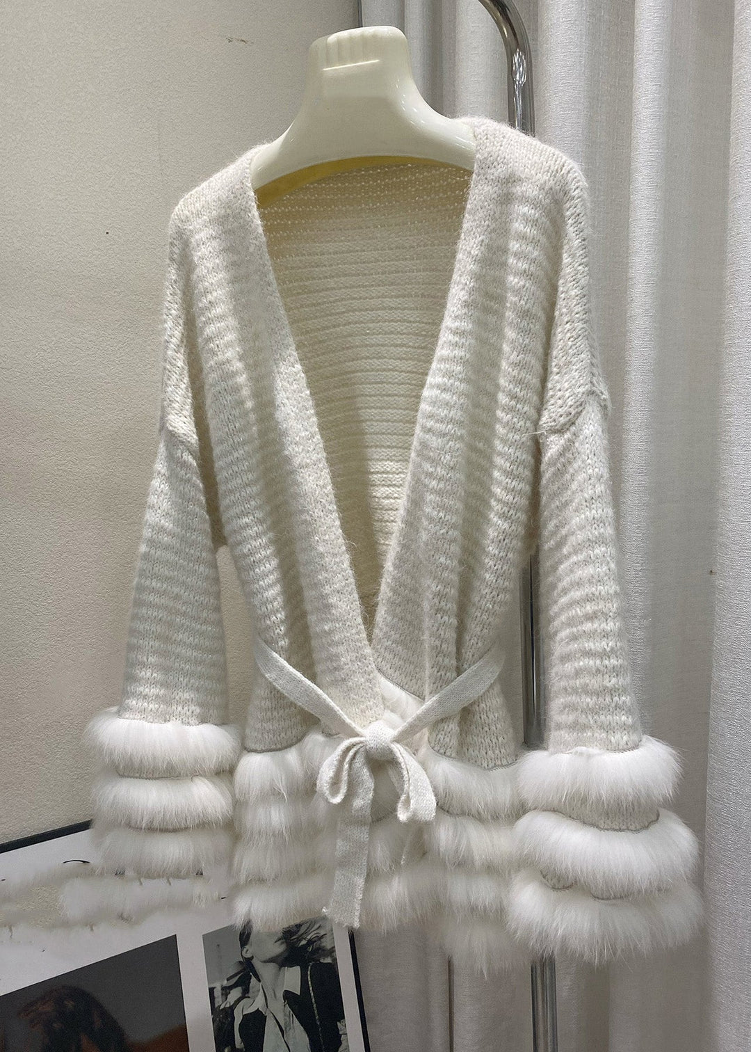 Beige Tie Waist Cotton Knit Cardigan Flare Sleeve