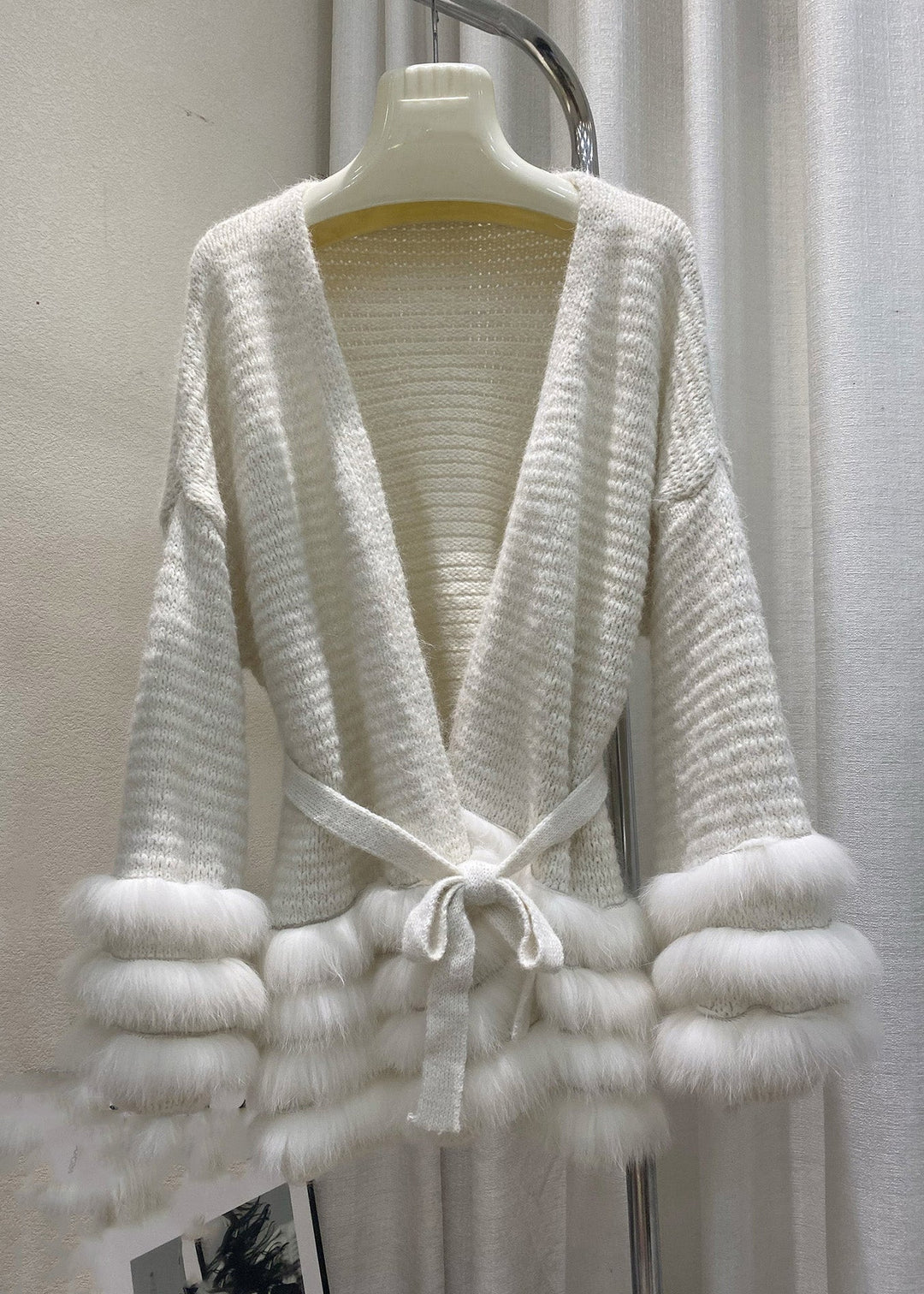 Beige Tie Waist Cotton Knit Cardigan Flare Sleeve