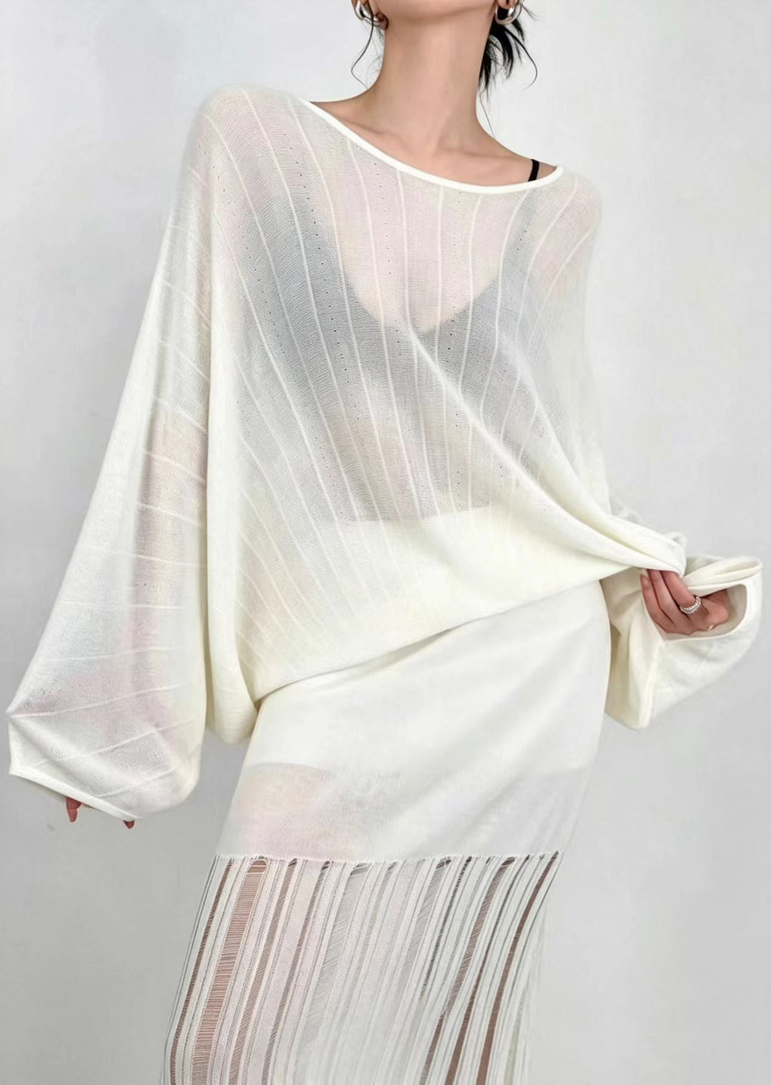 Beige White Sheer Knit Top O-Neck Batwing Sleeve