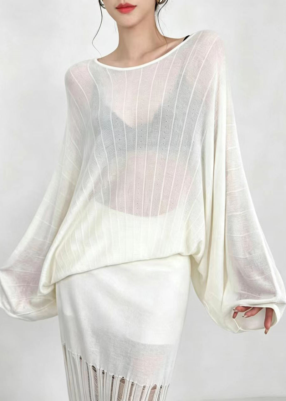 Beige White Sheer Knit Top O-Neck Batwing Sleeve