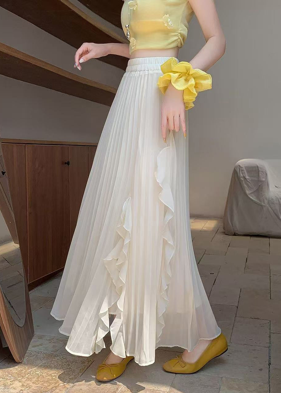 Beige Wrinkled Solid Summer Skirts Elastic Waist