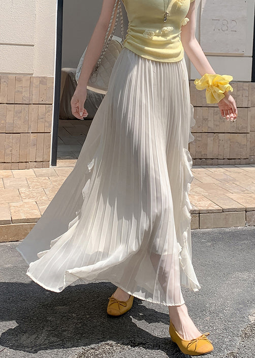 Beige Wrinkled Solid Summer Skirts Elastic Waist