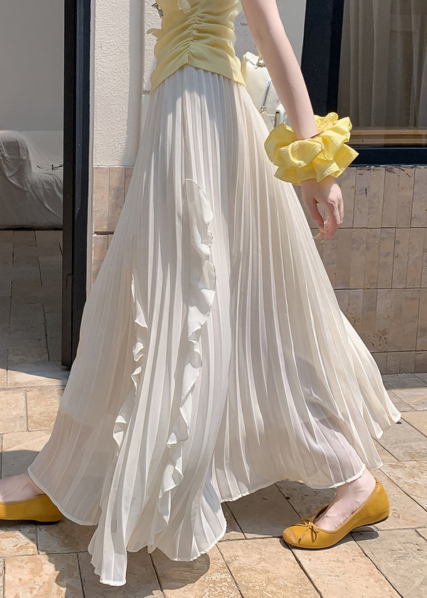 Beige Wrinkled Solid Summer Skirts Elastic Waist
