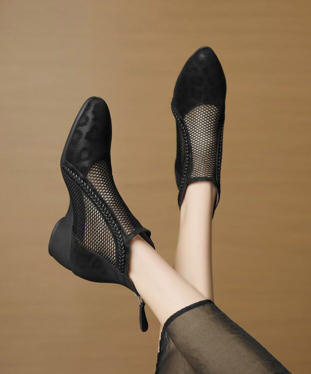 Black Ankle Boots Chunky Faux Leather Fitted Hollow Out Boots